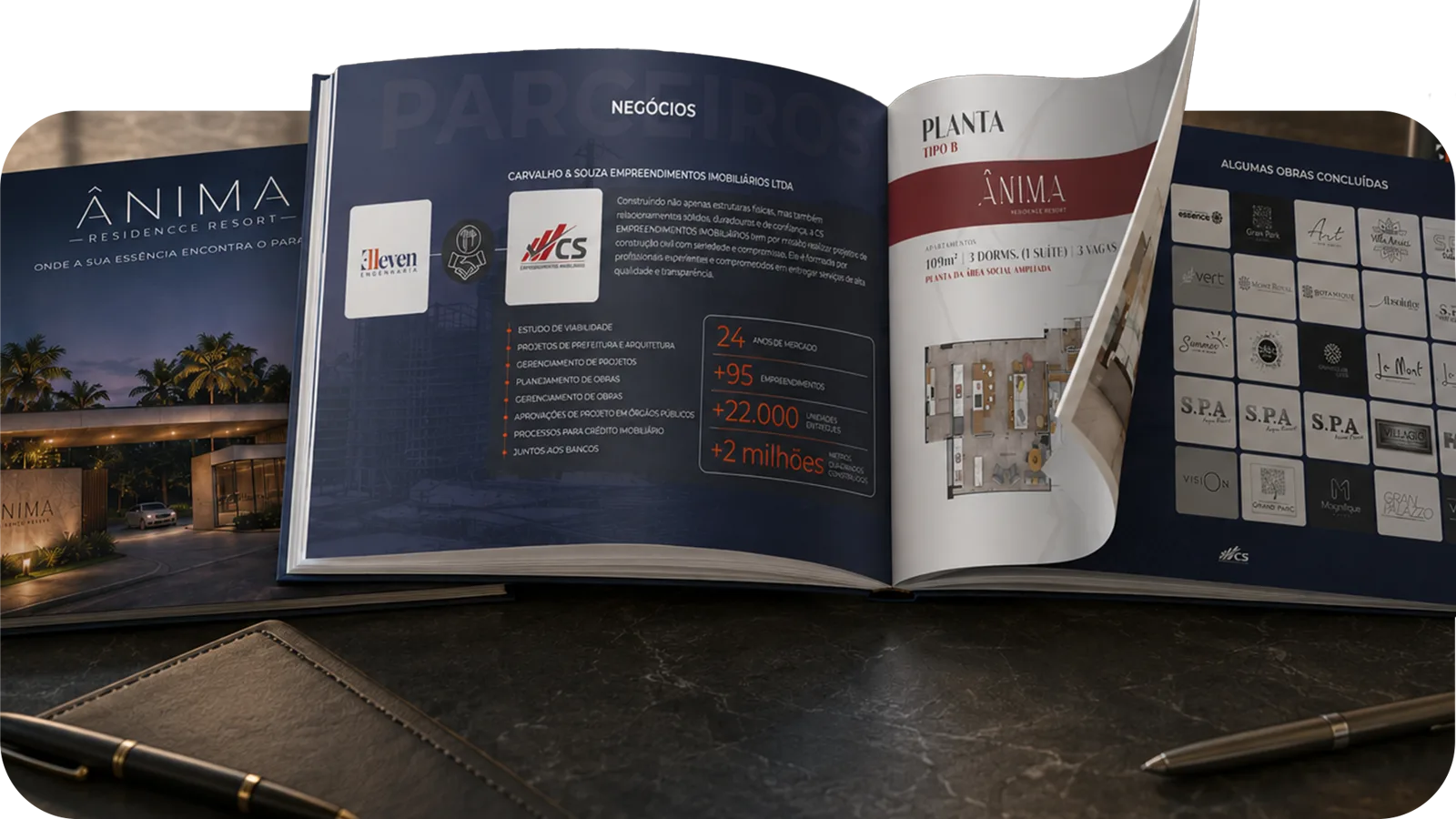 Book do empreendimento Ânima Residence Resort, aberto em páginas de negócios e planta